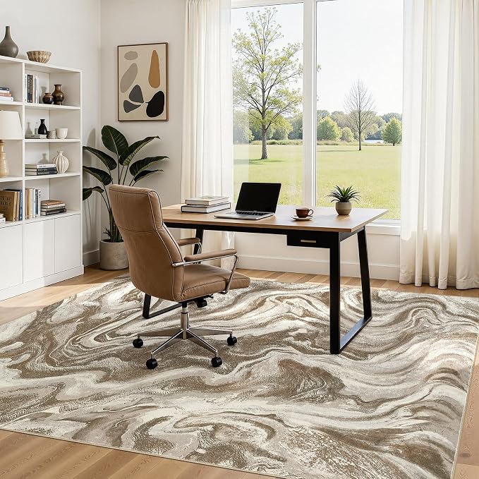 DMOYEST 5x7 Area Rug for Living Room Washable Abstract Indoor Carpet | Neutral Modern Low Pile Rugs Kid & Pet Friendly Soft Thin Carpet for Bedroom Dining Room and Office - Sand Brown
