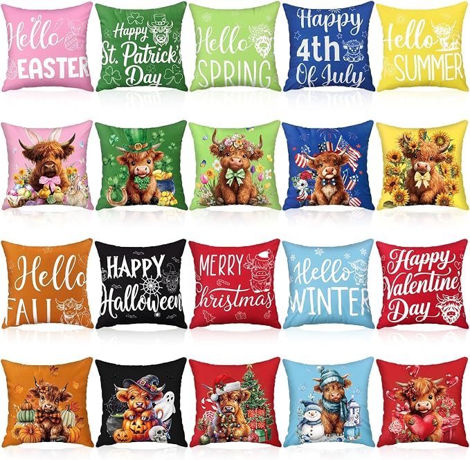 Mindsoft 20 Pcs Holiday Pillow Covers 18 x 18 Easter Pillow Cover Spring Summer 250th Anniversary Pillowcase Decorative Seasonal Cushion Case for Farmhouse Home Sofa(Highland Cow)