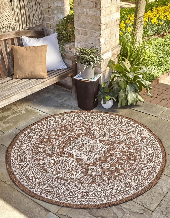 Unique Loom Outdoor Aztec Collection Area Rug - Chalca (13' Round, Brown/ Ivory)