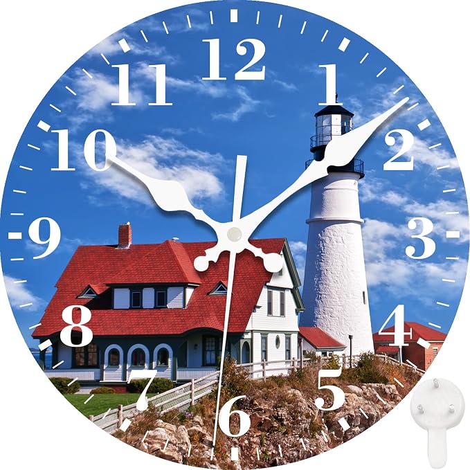 Wall Clocks Battery Operated, Beautiful White Lighthouse Silent Non Ticking Decorative Indoor Outdoor Wall Clocks for Living Room Kitchen Bedroom Bathroom 12"