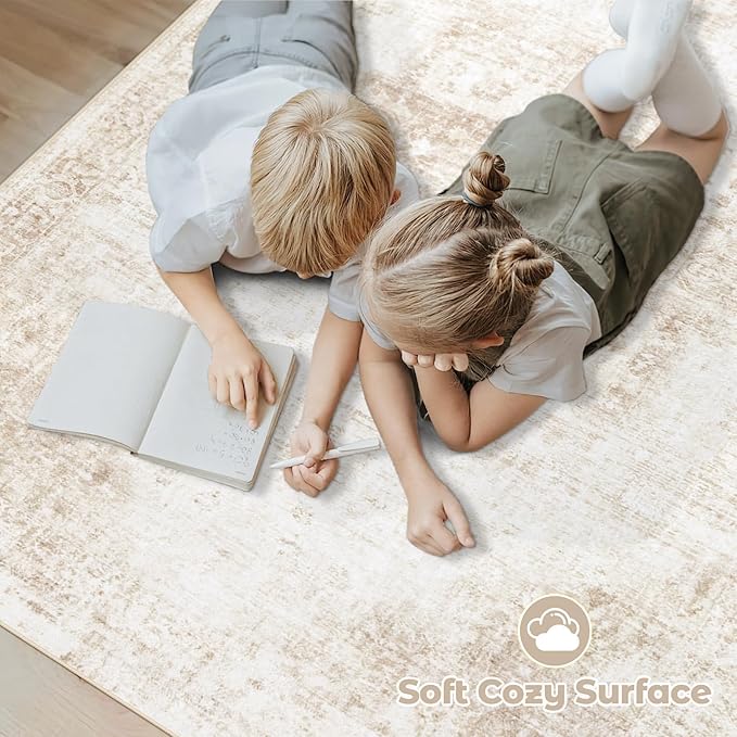 Area Rug 9x12 Washable Rug, Vintage Boho Medallion Rugs Non-Slip Soft Low Pile Large Distressed Rug Indoor Retro Carpet for Living Room Bedroom Dining Room Home Office (Beige, 9'x12')