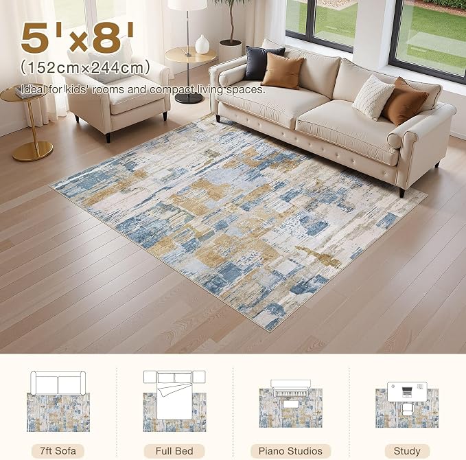 kakania Abstract 5x8 Area Rugs for Living Room: Washable Rugs Blue | Soft, Non-Slip, Low-Pile, Pet & Kid Friendly - Modern Home Decor Carpet for Bedroom/Dining Room/Office/Nursery