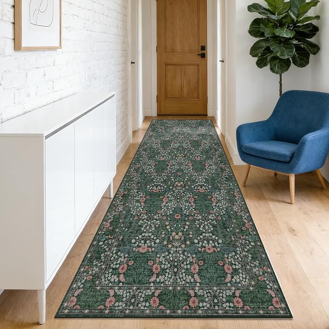 Washable 2'6" x 8' Runners for Hallways, Non Slip Long Floor Runner for Kitchen, Entryway Indoor, Stain Resistant Rubber Backing Floral Decor Rug (Green)