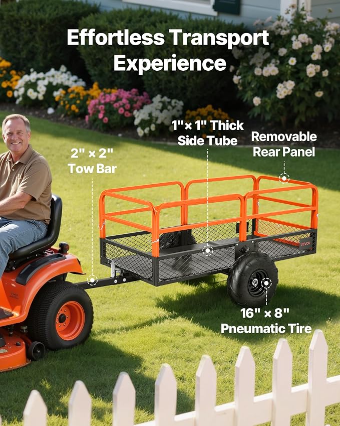 VEVOR 22 Cu.Ft 1600Lbs Steel ATV UTV Trailer Tow Behind Dump Cart, Heavy Duty Pull Behind Utility Dump Trailer for Lawn Mower Trailer Tractor Garden Yard with Removable Rear Panel