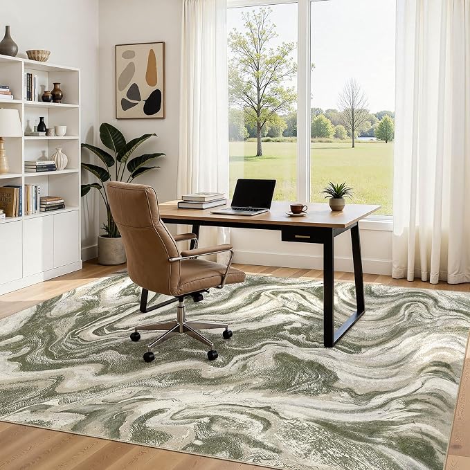 DMOYEST 5x7 Area Rug for Living Room Washable Abstract Indoor Carpet | Neutral Modern Low Pile Rugs Kid & Pet Friendly Soft Thin Carpet for Bedroom Dining Room and Office - Olive Green