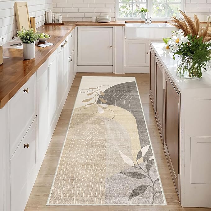 Washable Runner Rug 2x6 Area Rug Non Slip Mid Century Modern | Long Throw Carpet for Hallway Kitchen Bedroom Bedside Laundry Room Floor Boho Abstract Retro Geometric Neutral Beige