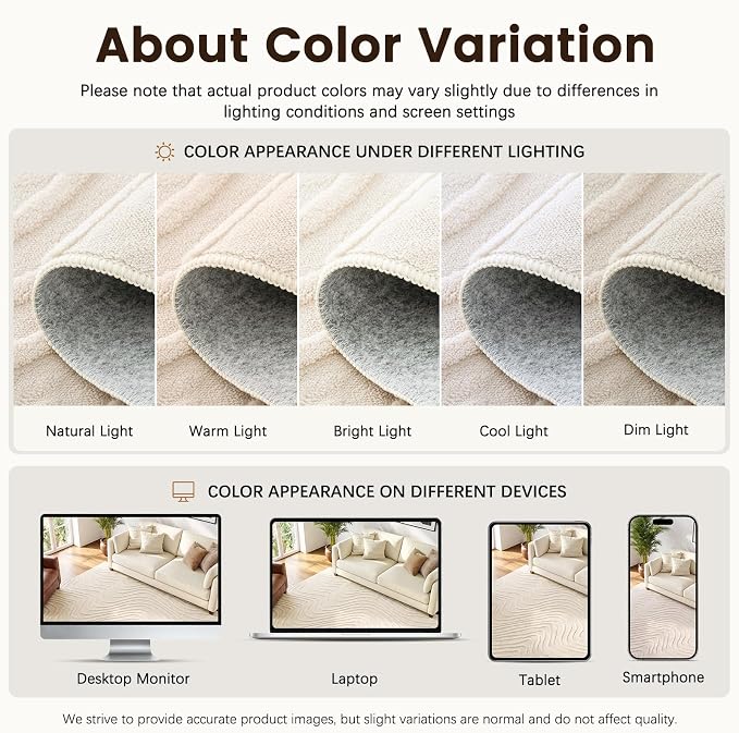 Etwel 6.5 ft Beige Modern Wavy Textured High-Low Pile Washable Round Rug | Soft Carpet, Non-Slip PVC Backing, Low Profile, Kid and Pet Friendly, for Living Room, Bedroom, Dining Room, Nursery
