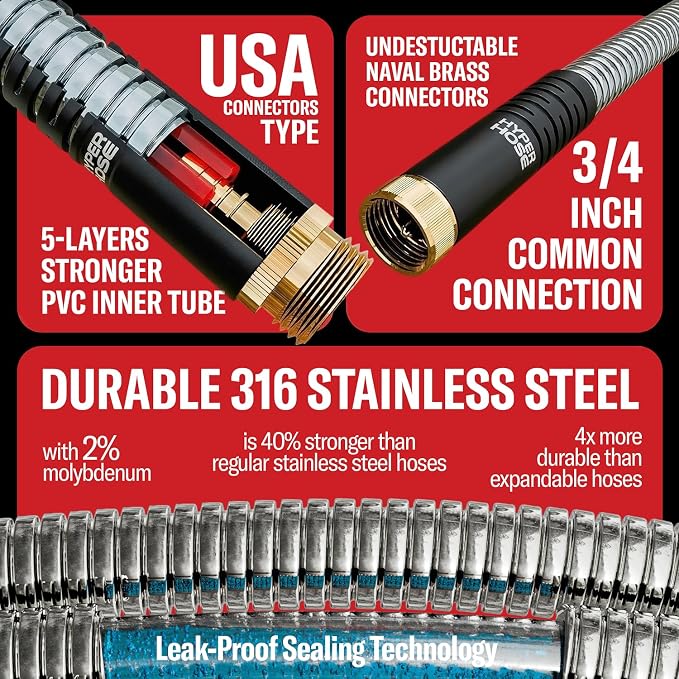 Best 75 ft Metal Garden Hose Set - No-Kink Durable 316 Stainless Steel, 10-Way Zync Spray Nozzle & Hook – Tough Flexible Heavy Duty Water Hoses, 5/8 in, Rust, Weather, LeakProof