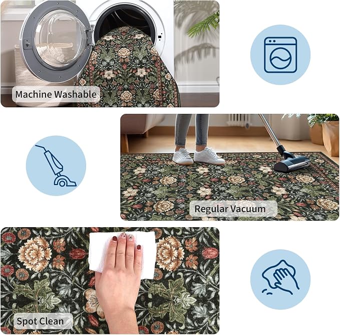 GarveeHome Large Area Rugs 9x12 for Living Room, Forest Green Floral Washable Rug Soft Non Slip Floor Mat Carpet Indoor Thin Accent Rug for Bedroom Dining Room Playroom Nursery Home Decor