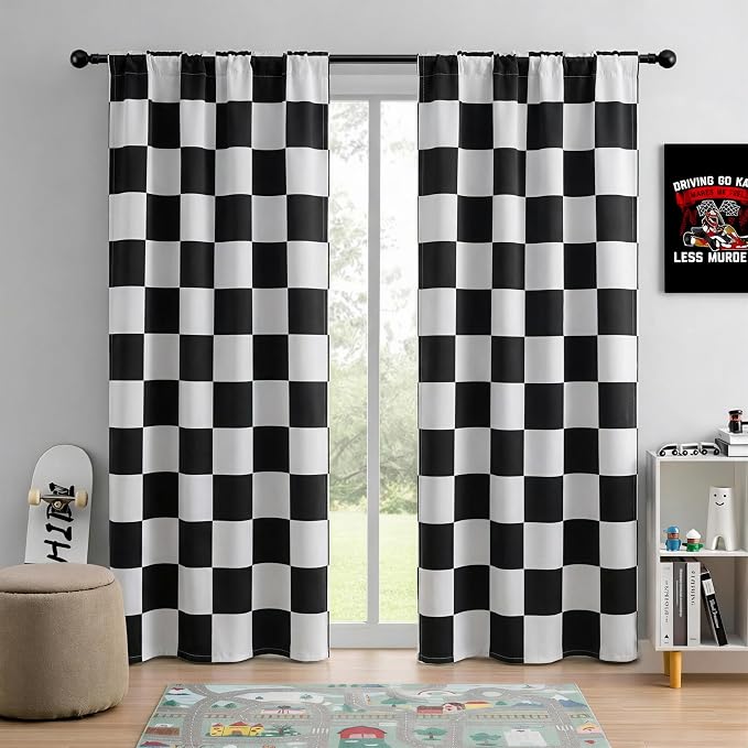 Rod Pocket & Back Tab Checkered Curtains, 100% Blackout, Race car Flag Checkerboard Curtains, Thermal Insulated, Noise Reducing, 2 Panels, Each W42×L96