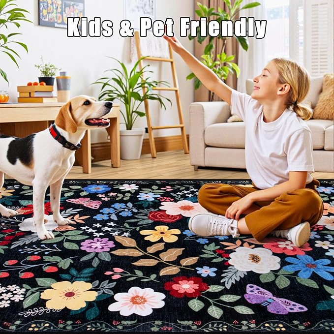PLHXFR Area Rug Living Room: 4x6 Floral Washable Boho Soft Carpet Black | For Bedroom Dining Room Farmhouse Nursery Hallway,Vintage Floral,Machine washable,Non Slip,Stain Resistant,Large Indoor
