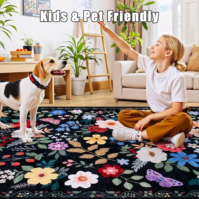 PLHXFR 8x10 Area Rug Living Room: Floral Washable Boho Soft Carpet Black | For Bedroom Dining Room Farmhouse Nursery Hallway,Vintage Floral,Machine washable,Non Slip,Stain Resistant,Large Indoor