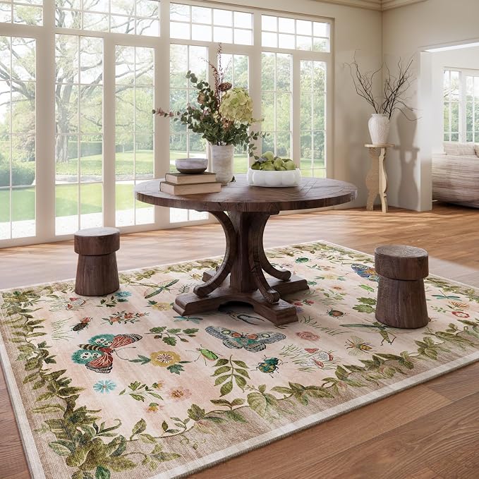Machine Washable Rugs for Living Room: 9x12 Area Rugs Vintage Rugs Stain Resistant Non Slip Low Pile Soft Lightweight Carpet Rug for Bedroom Kitchen Dining Room Nursery Kids Room Farmhouse