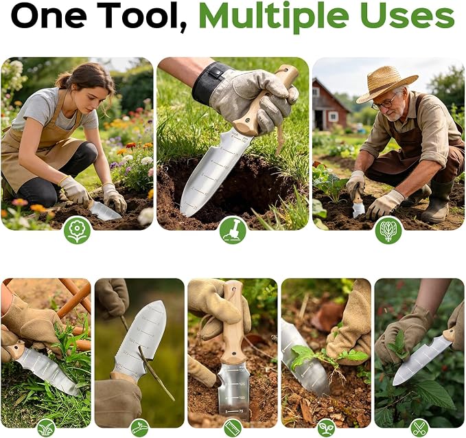 Garden Tools Trowel with EDC Sheath for Weeding Digging Planting, Gifts for Women Mom Her, Gardening Tools with 7" Stainless Steel Blade, Dual-Scale Measurement,Hanging Hole, Gifts for Men Dad Him