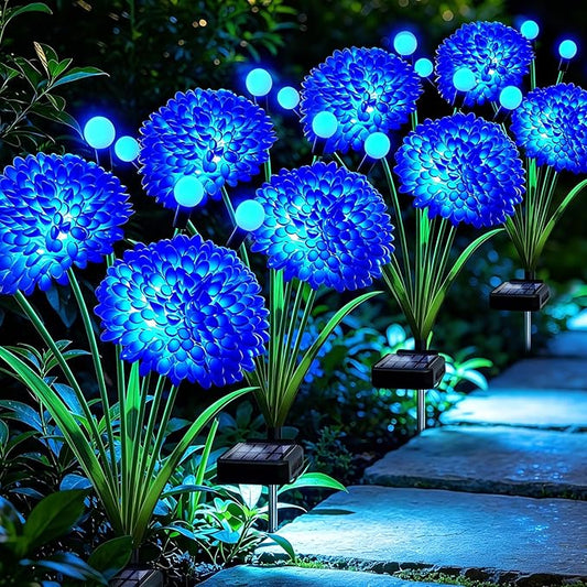 Solar Firefly Lights Outdoor Waterproof, 4 Pack Blue Solar Flowers Swaying Lights With Flowers, Flower Light Garden Decor for Outside Yard Patio Halloween Christmas, Gifts for Women Grandma