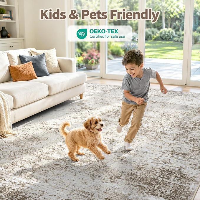 9x12 Washable Area Rug Modern Abstract for Living Room Bedroom Beige | Soft Indoor Carpet,Anti-skid Backing,Water Repellent,Non-shedding, Suitable for bedroom dining farmhouse nursery home office