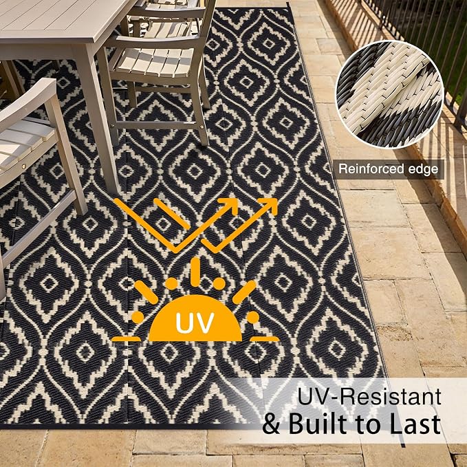 OLANLY Outdoor Rug 8x10 ft Waterproof, Outdoor Plastic Straw Rug with Geometric Pattern Clearance, Reversible RV Mat for Patio, Camping, Balcony, Deck, Backyard, Black & Beige