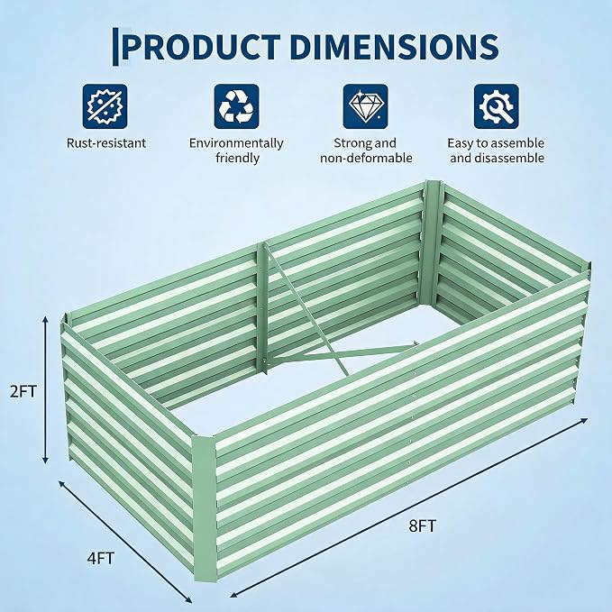 Garvee 8x4x2ft Galvanized Raised Garden Bed Outdoor,Rust-Resistant Raised Garden Beds for Gardening, Easy Assembly Outdoor Garden Box & Planters, Green