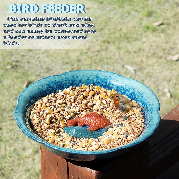 10" W Ceramic Bird Bath Bowl,Bird Bath for Outside with 2 Koi Fish Decor.