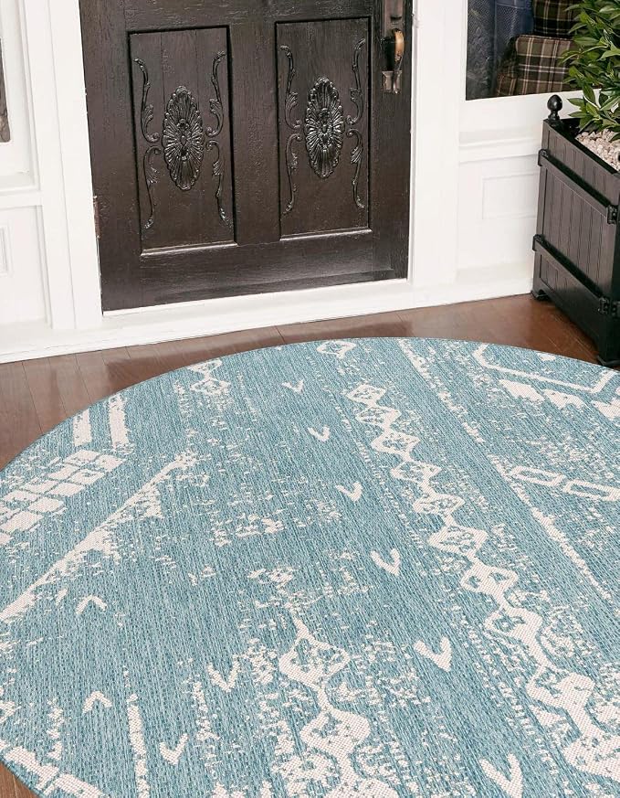 Unique Loom Outdoor Bohemian Collection Area Rug - Anthro (4' 1" Round, Light Aqua/ Ivory)