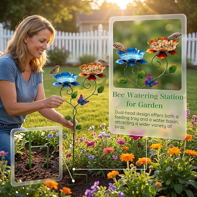 2 Pack Bee Watering Station, 3D Colorful Metal Bee Bath for Garden, Butterfly Feeder with Flower Design, Anti-Drowning Bee Watering Feeder Cups for Outdoor Yard Lawn Patio Decor