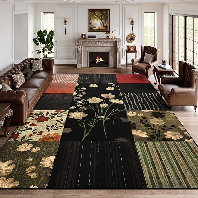 DweIke Floral Rugs for Living Room, 5x7 Washable Area Rug for Dining Room Farmhouse Office Bedroom Decor, Geometric Patchwork Stain Resistant Low Pile Indoor Floor Throw Rugs, Black Colorful