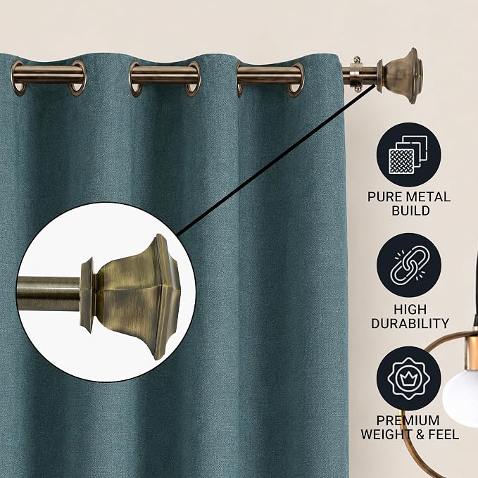 Deco Window Curtain Rods for Windows 44 – 120 Inch, 1 Inch Heavy Duty Extendable Metal Drapery Rod, Adjustable Curtain Rod with Decorative Quatro Finials for Living Room Bedroom, Antique Brass
