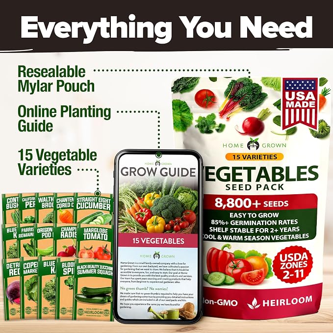 HOME GROWN 15 Variety Survival Seed Vault 8,800+ Heirloom Non-GMO Vegetable Seeds for Planting, High Germination, Complete Garden Starter Kit, Prepper Survival Gear, Indoor Outdoor