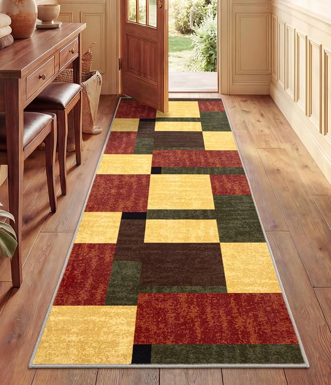 Red and Green Runner Rug 2x6 for Hallway, Burgundy Farmhouse Vintage Rugs Washable,Burnt Orange Area Rug Non Slip,Geometric Boho Area Rug for Kitchen