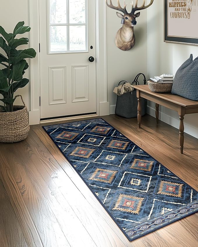 2'x6' Washable Area Rug for Living Room Runner Darkblue | Soft Western No Slip Low Pile Print Foldable Indoor Small Rug for Kitchen entrance entryway hallway