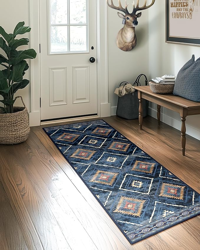 2'x8' Washable Area Rug for Living Room Runner Darkblue | Soft Western No Slip Low Pile Print Foldable Indoor Small Rug for Kitchen entrance entryway hallway