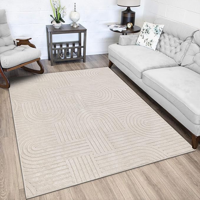 SHACOS Soft Fluffy Arch Pattern Area Rug 2'7"x5' Non Slip Washable Minimalist Modern High-Low Geometric Carpet for Living Room Kitchen Bedroom Bathroom, Beige