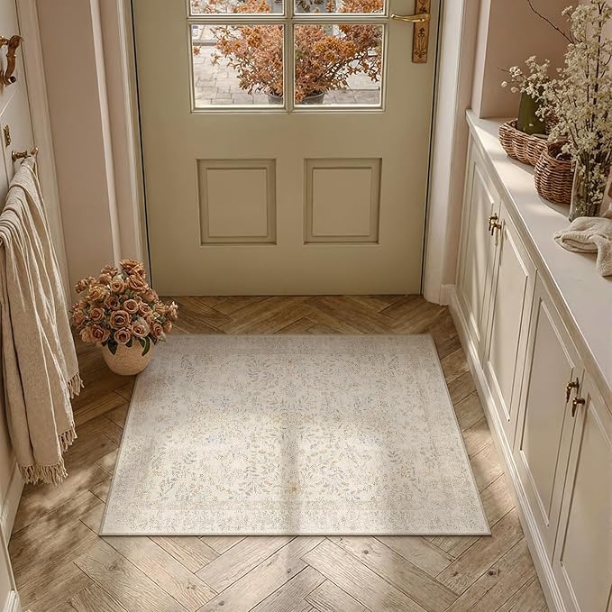 2x3 Beige Floral Small Entryway Rug Vintage Farmhouse Style | Washable, Non Slip, Soft Low Pile, Door Mat for Indoor Entrance, Kitchen, Bathroom, Botanical Decor