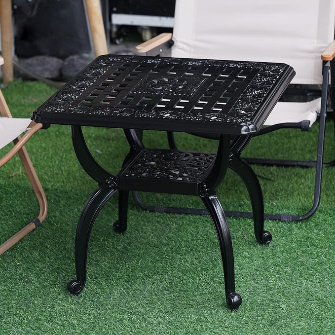 YKSY&YKSY Jardin DE Centennial Cast Aluminum Outdoor Side Table,Anti-Rust Outdoor End Table,Patio Coffee Bistro Table for Indoor,Garden,Porch,Balcony(Square Black)