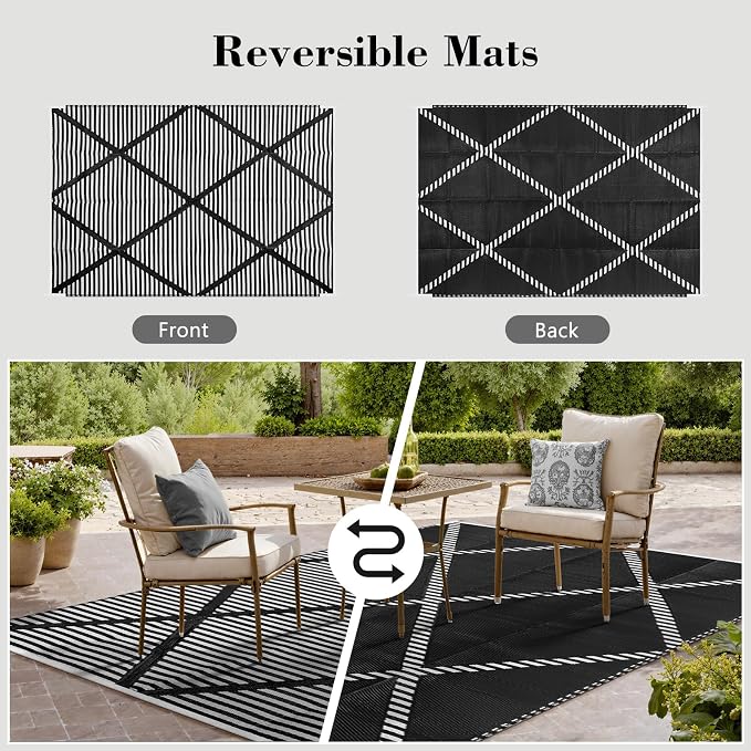Lahome Outdoor Rug 8x10 Patio Waterproof, Plastic Straw Reversible Rv Rugs for Outside, Large Portable Porch Decor Camping Carpet for Balcony Tent Travel, Black 8'x10'