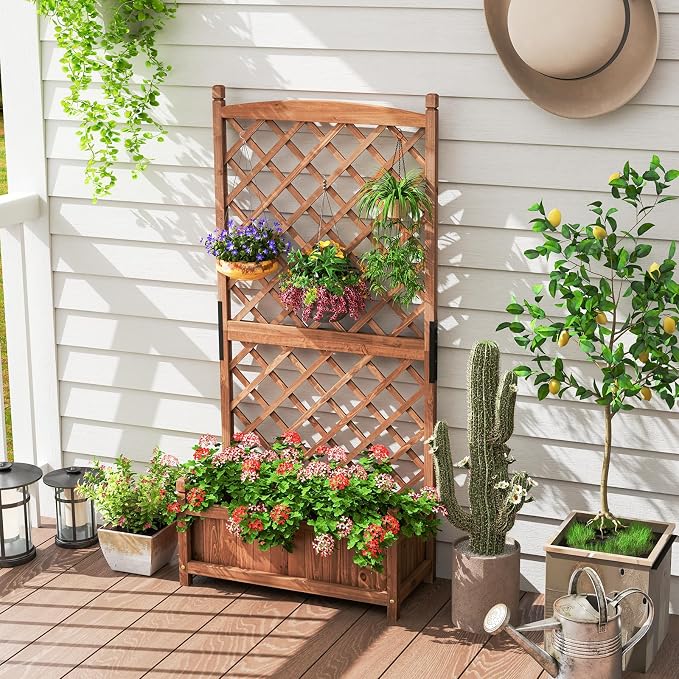 Giantex Raised Garden Bed with Trellis, 60” Wooden Planter Container with Drainage Holes, High Trellis for Plant Flower Climbing Pot Hanging, Indoor & Outdoor Planter Box for Yard Garden Balcony