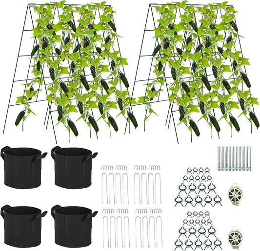 Foldable Cucumber Trellis - 4 Pack, A-Frame Garden Trellis 46" L x 18" W, Steel Climbing Plants Support Raised Bed Trellis with Twist Ties & Plant Bags for Climbing Plants Outdoor