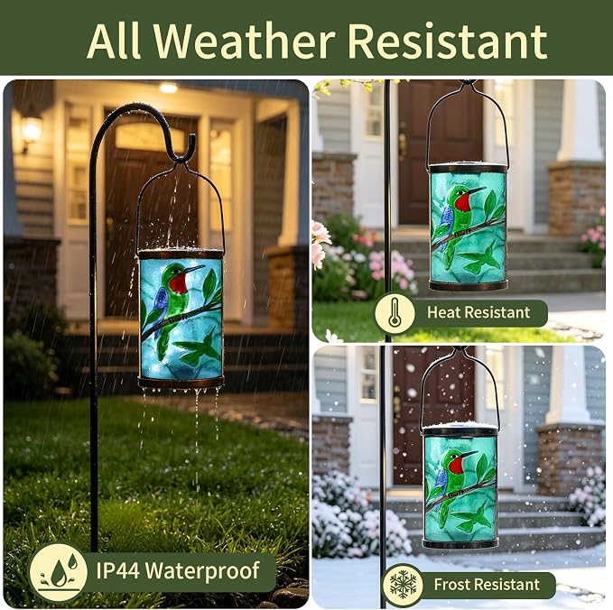 Hanging Solar Lantern Outdoor Waterproof Hummingbird Solar Lights Glass Tabletop Decorative Lamp for Outdoor Patio Garden Outside Yard Decor