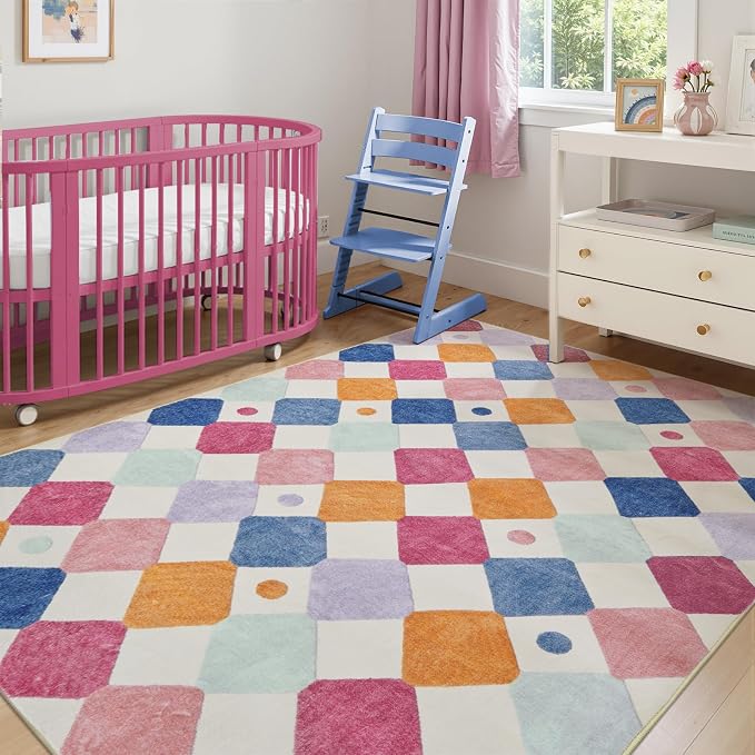 jinchan 5x7 Nursery Rug Washable Kids Rug Colorful School Classroom Berries | Soft, Non-Slip, Cute, Kid-Friendly, Modern Checkered Diamond Design, Play Mat, Playroom, Bedroom, Dorm, Daycare, Living Room