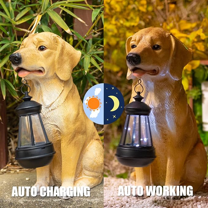 Garden Dog Statues Outdoor Decor, Golden Retriever Yard Outdoor Statue with Solar Lantern Lights Decorations Solar Dog Ornaments for Patio, Lawn, Yard Art Decoration, Housewarming Garden Gift for Mom