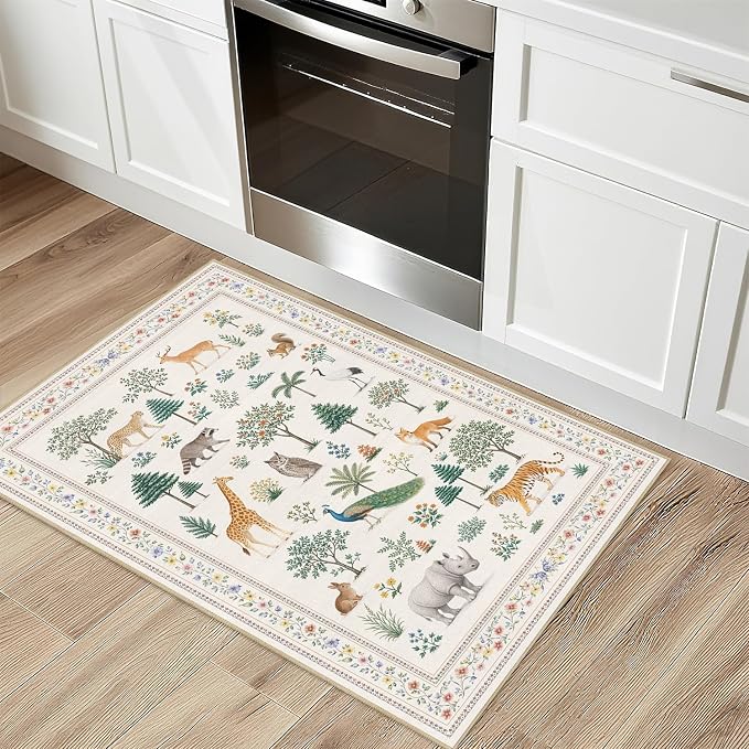 Jungle Animal Print Rug 2x3 for Entryway Wild Zoo Animals Forest Area Rugs Machine Washable Rug Non Slip Print Low Pile Indoor Front Door Mat for Kids Room Nursery Bathroom Playroom Kitchen,Beige