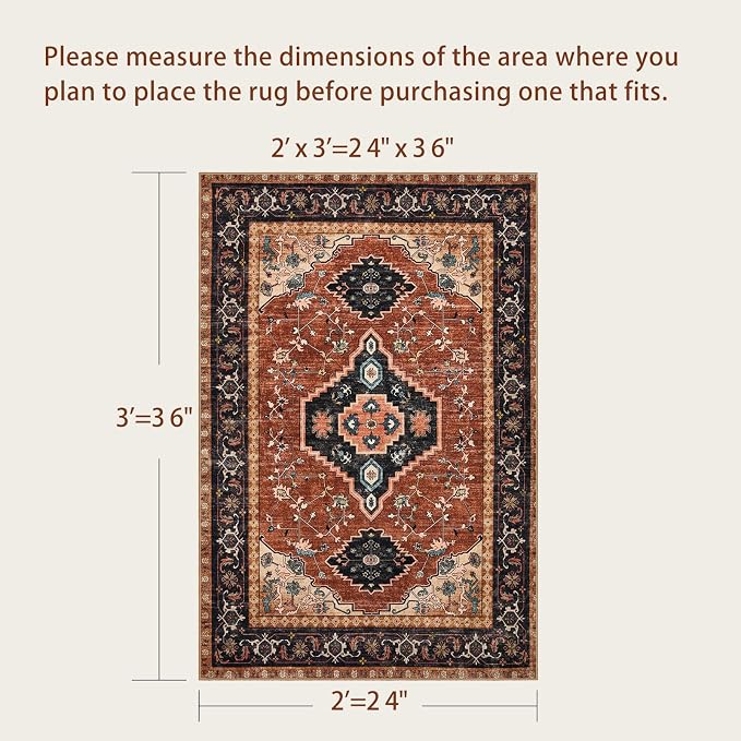 Tangsoo Oriental 2x3 Washable Rugs for Entryway, Non Slip Small Area Rug | Orange Vintage Indoor Front Door Rug, Boho Print Door Mat Carpet, Soft Low Pile Throw Rugs for Entrance Entry Kitchen Bedroom