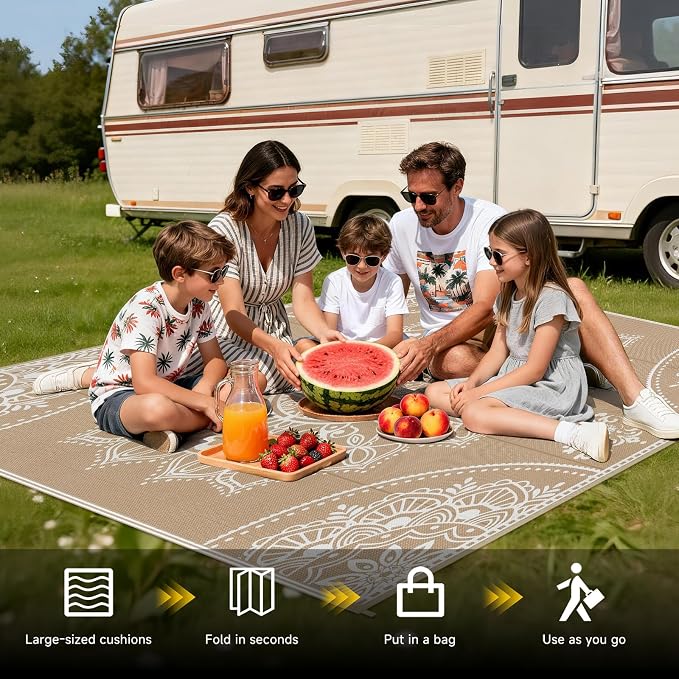 Pauwer Waterproof Outdoor Rug 6x9, Reversible Plastic Straw Patio Camping Rug, Indoor Outdoor RV Mat Carpet for Deck, Camper, Porch, Balcony, Backyard, Picnic, Floral Brown