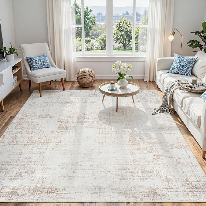 4x6 Washable Area Rug for Living Room Bedroom: Non-Slip Modern Beige White | Machine Washable TPR Backing, Stain-Resistant Low Pile, Pet & Kid Friendly, Abstract Decor for Dining Room, Dorm, Home Office