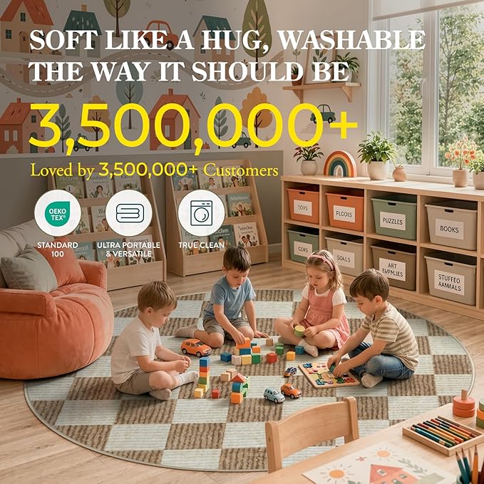LIVEBOX 8x10 Area Rugs for Living Room, Checkered Non-Slip Washable Rugs, Farmhouse Neutral Classic Geometric Pattern Large Boys Area Rug for Bedroom, Carpet for Dining Room Office(Brown,8'x10')
