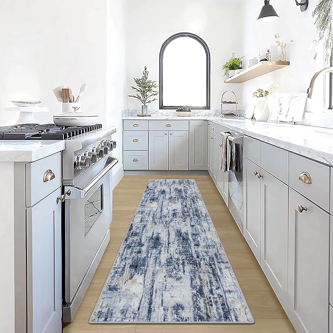 2'6''x8' Runner Rugs Washable Rug: Modern Abstract Hallway Blue Gold Carpet | Non-slip TPE backing makes this washable soft low-pile rug safe & durable, Pet-friendly decor for dining room,nursery,office