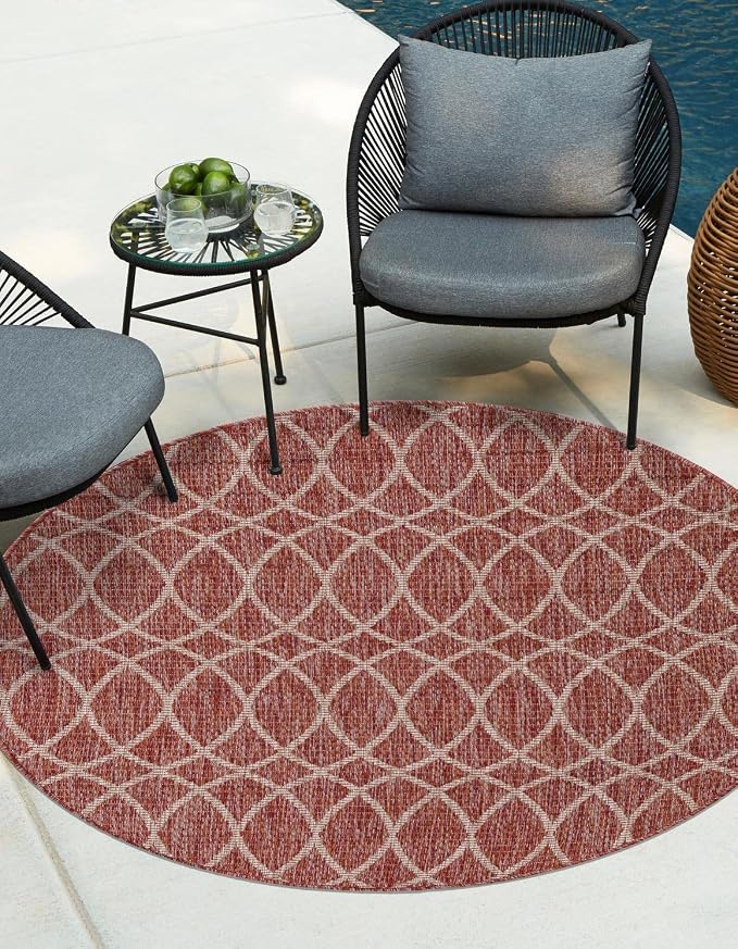 Unique Loom Outdoor Trellis Collection Area Rug - Gitter (3' 1" Round, Rust Red/ Ivory)