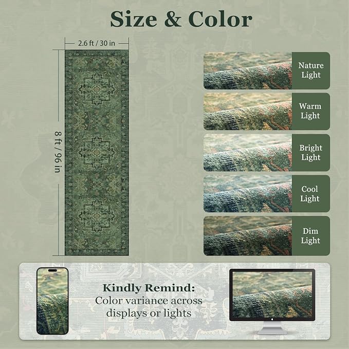Dark Green 2'6''x8' Kitchen Runner Rug, Retro Distressed Moody Medallion Runners for Hallways Non Slip Washable, Low Pile Thin Entryway Runner Rug Indoor Foyer Mudroom Bedroom
