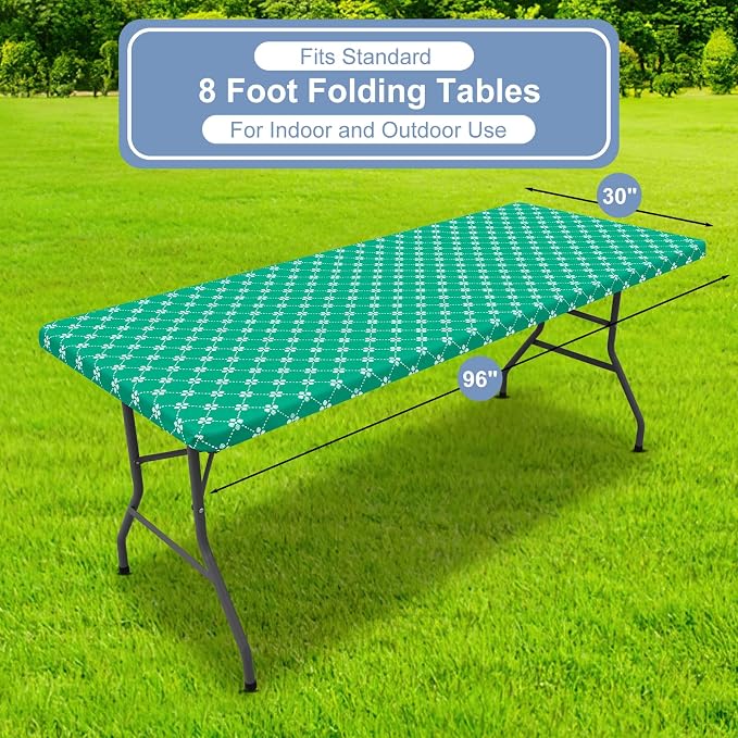 misaya Rectangle Vinyl Table Cloth, Elastic Fitted Tablecloth with Flannel Backing, Waterproof Plastic Table Cover Fits 8 Foot Folding Tables for Picnic, Camping, Indoor and Outdoor (Green, 30" x 96")