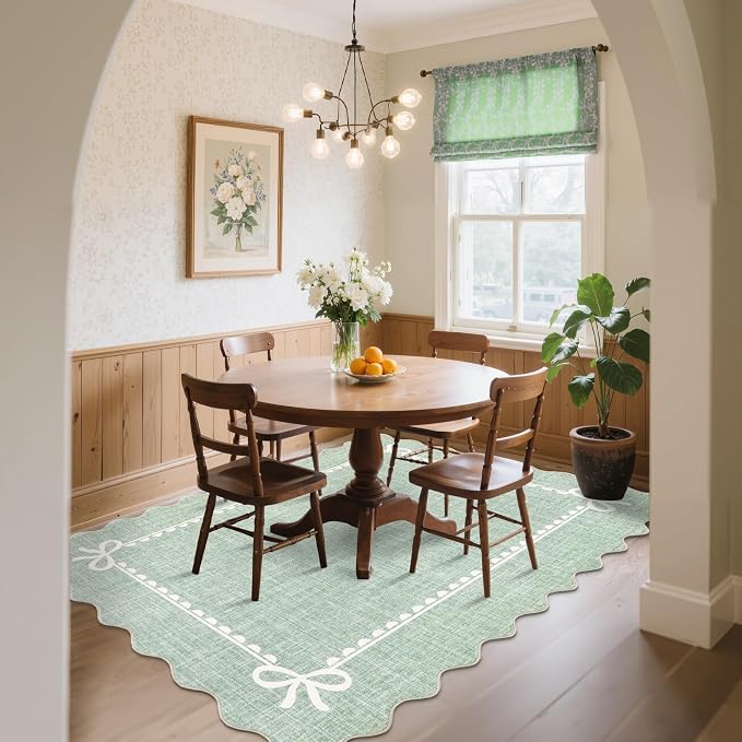GarveeHome Scalloped Bow Rug 6x9 Washable Rugs for Living Room, Sage Green | Non Slip Soft Low Pile Indoor Large Carpet for Nursery Girls Bedroom Decor Hallway Kids Room College Dorm Playroom